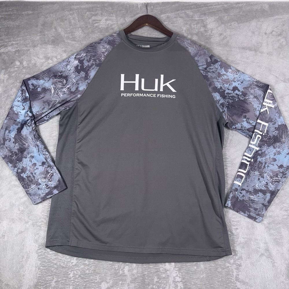 Huk Performance Fishing Long Sleeve Sun Protection Shirt Mens L Gray Fish Life